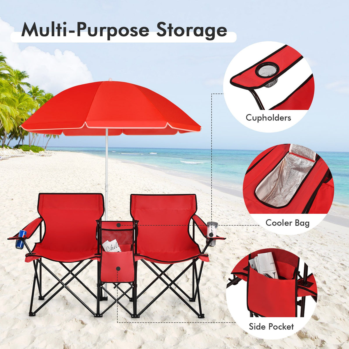 Portable Folding Picnic Double Chair With Umbrella-Red view 7