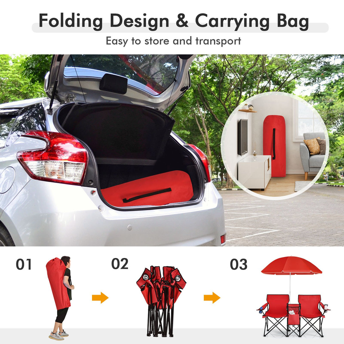 Portable Folding Picnic Double Chair With Umbrella-Red view 9