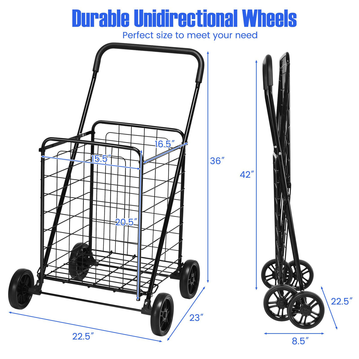 Portable Folding Shopping Cart Utility for Grocery Laundry-Black view 4