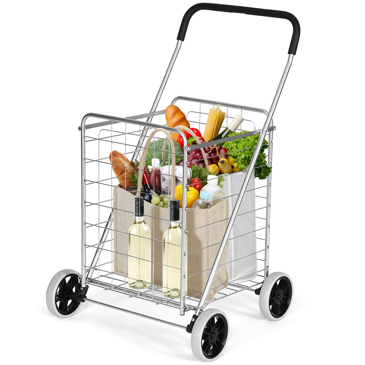 Portable Folding Shopping Cart Utility for Grocery Laundry-Silver view 4