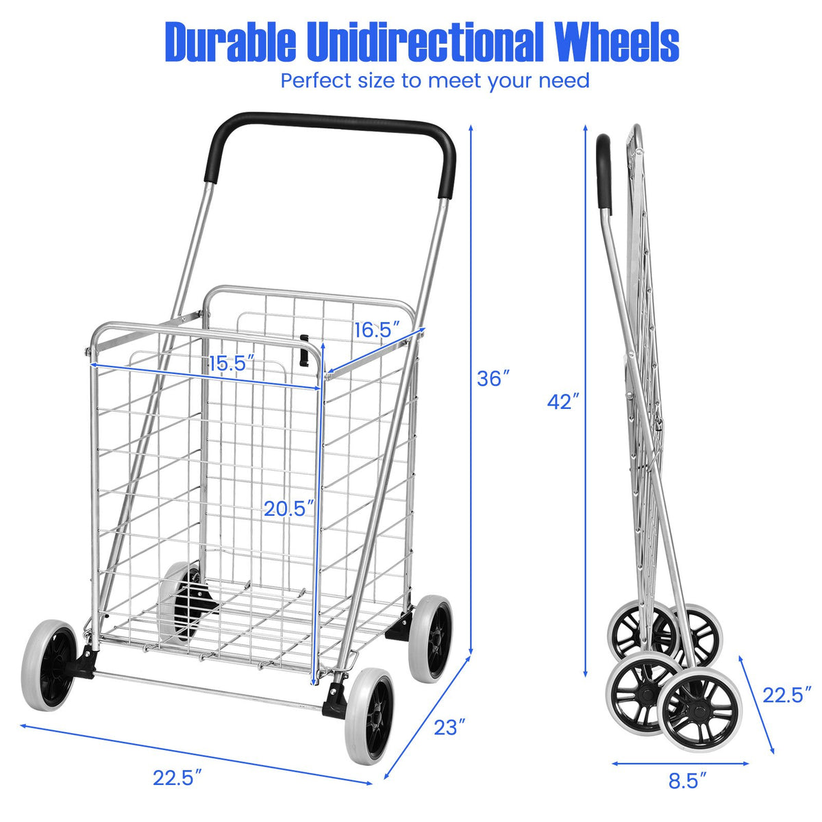 Portable Folding Shopping Cart Utility for Grocery Laundry-Silver view 5