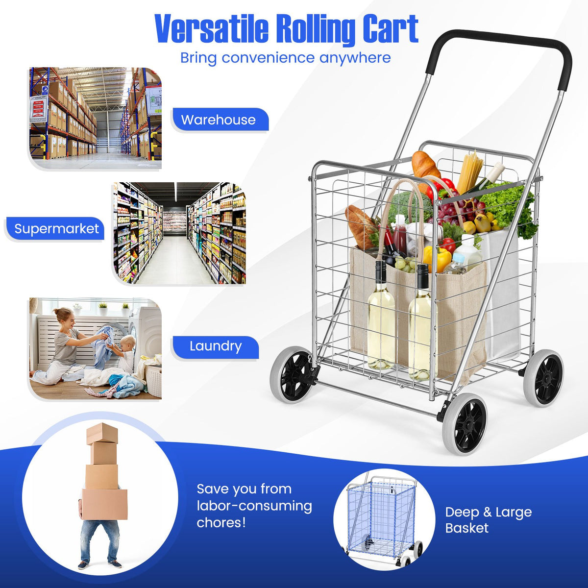 Portable Folding Shopping Cart Utility for Grocery Laundry-Silver view 6