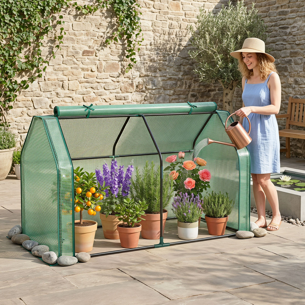 Portable Mini Greenhouse, Small Garden Greenhouse with PE Cover and Zippered Roll-up Door for Vegetables-Green view 2