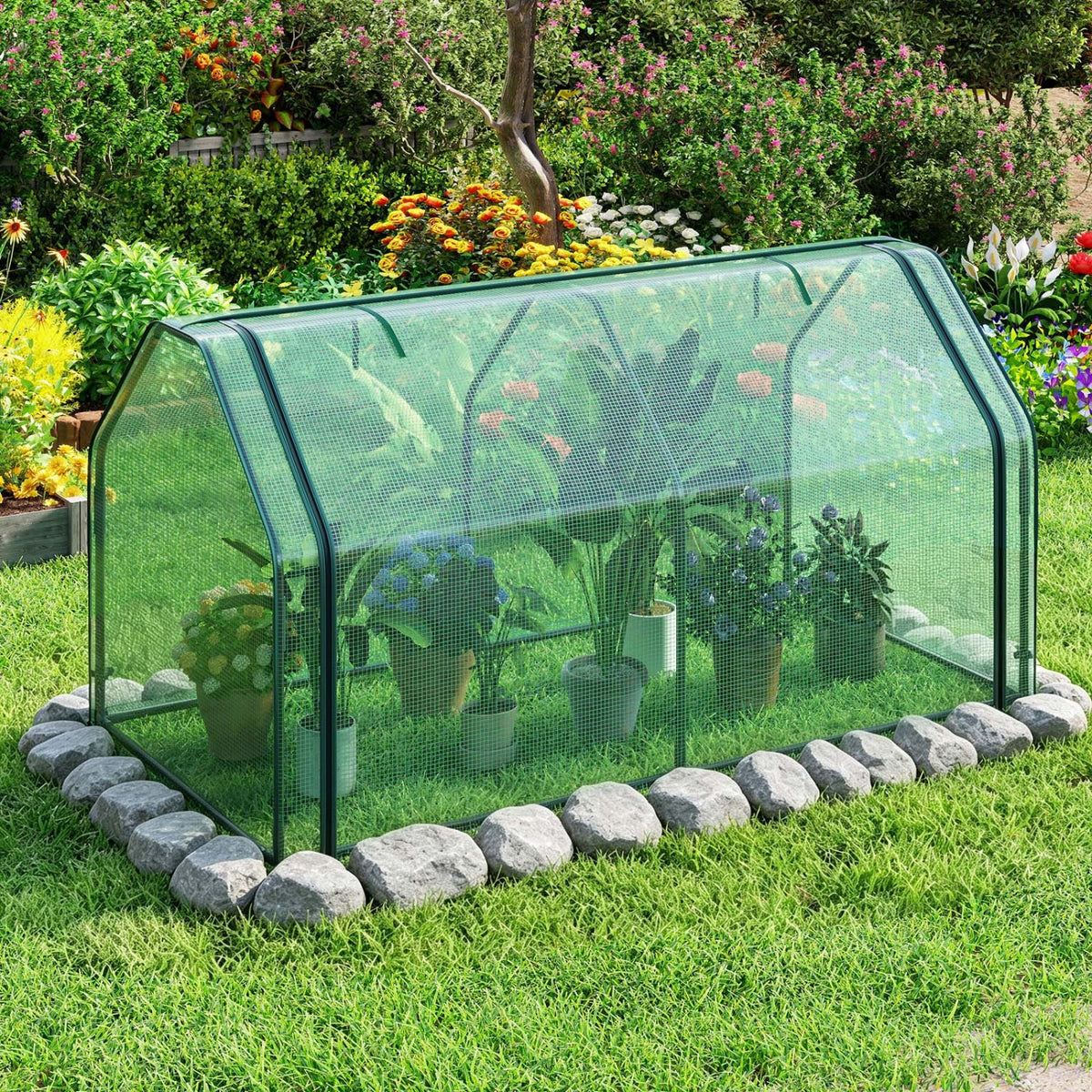 Portable Mini Greenhouse, Small Garden Greenhouse with PE Cover and Zippered Roll-up Door for Vegetables-Green view 3