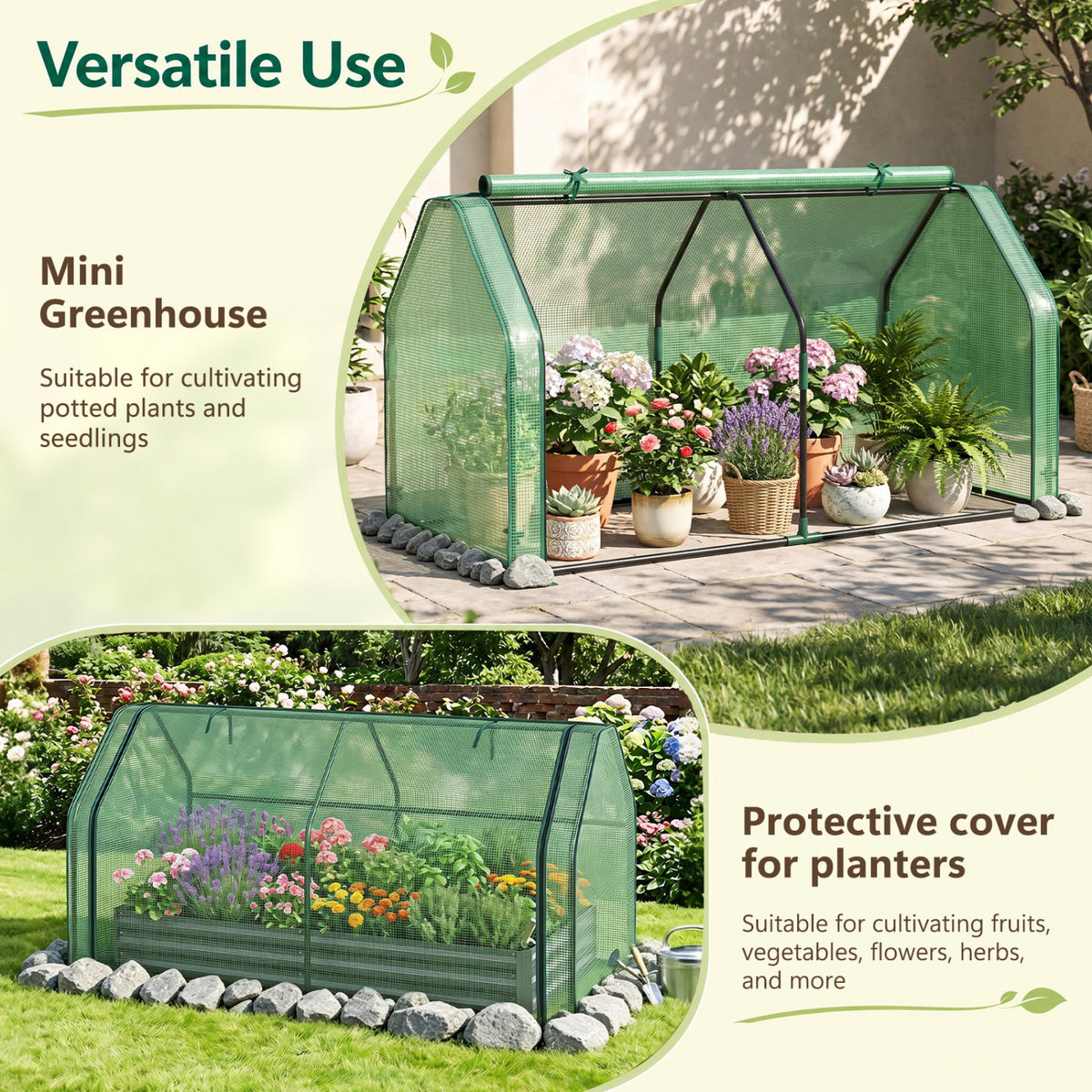 Portable Mini Greenhouse, Small Garden Greenhouse with PE Cover and Zippered Roll-up Door for Vegetables-Green view 7