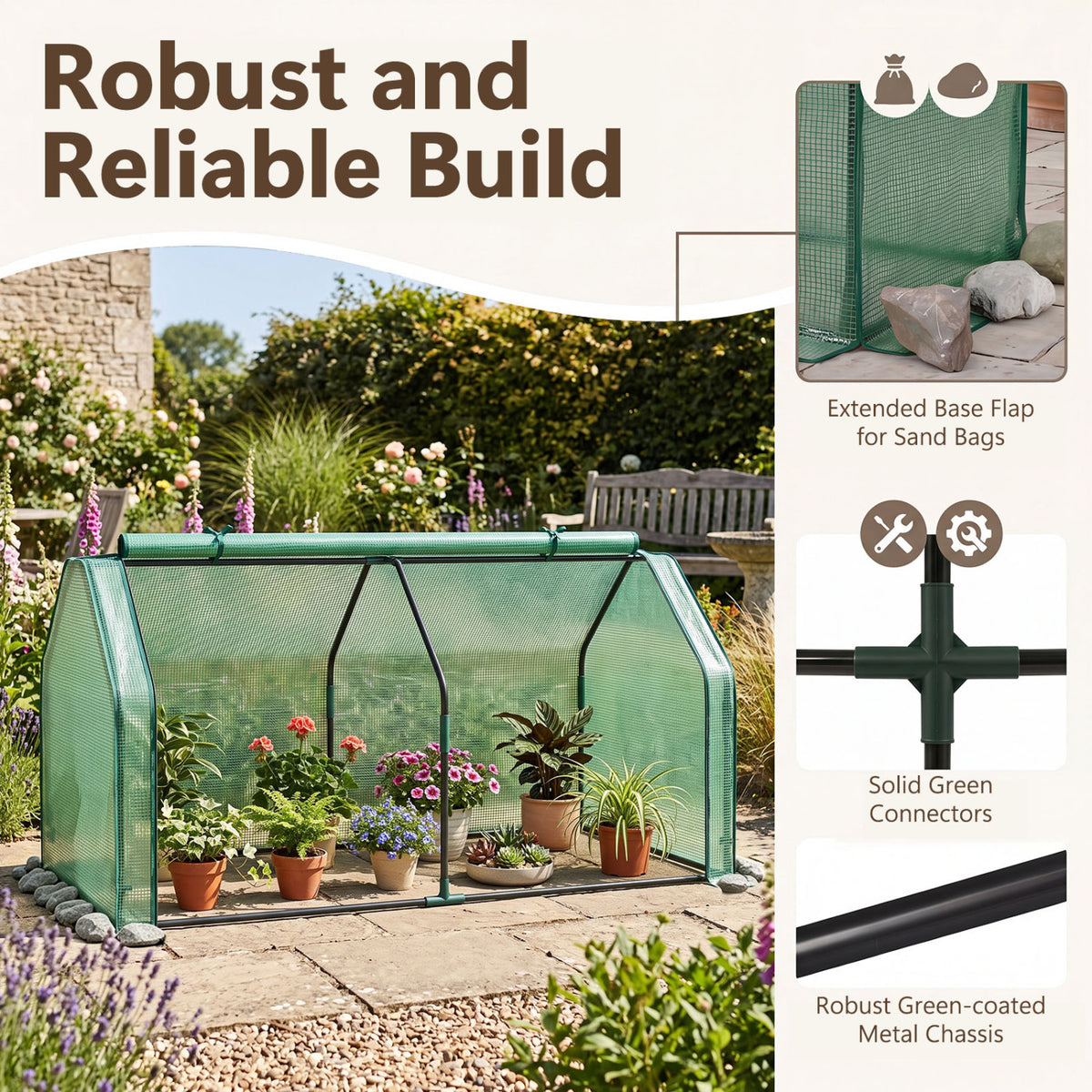 Portable Mini Greenhouse, Small Garden Greenhouse with PE Cover and Zippered Roll-up Door for Vegetables-Green view 8