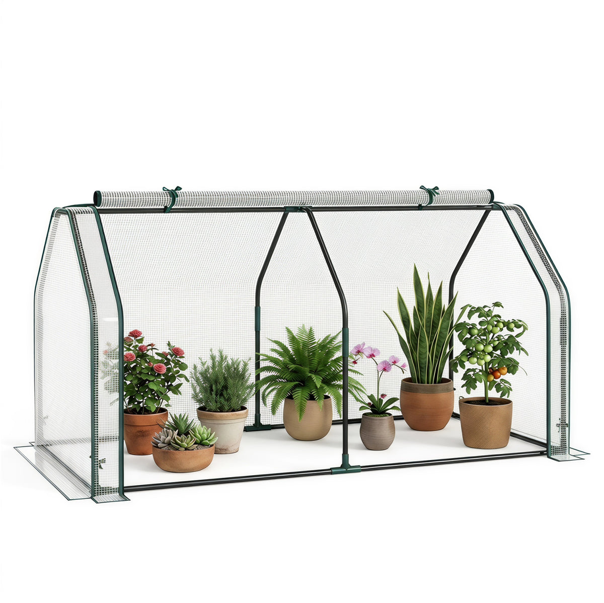 Portable Mini Greenhouse, Small Garden Greenhouse with PE Cover and Zippered Roll-up Door for Vegetables-White view 2