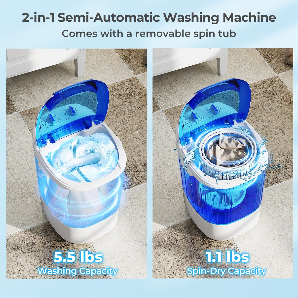 Portable Mini Semi-automatic Washing Machine with Spin Tub and Drain Hose 2.5 kg Capacity-Blue view 4