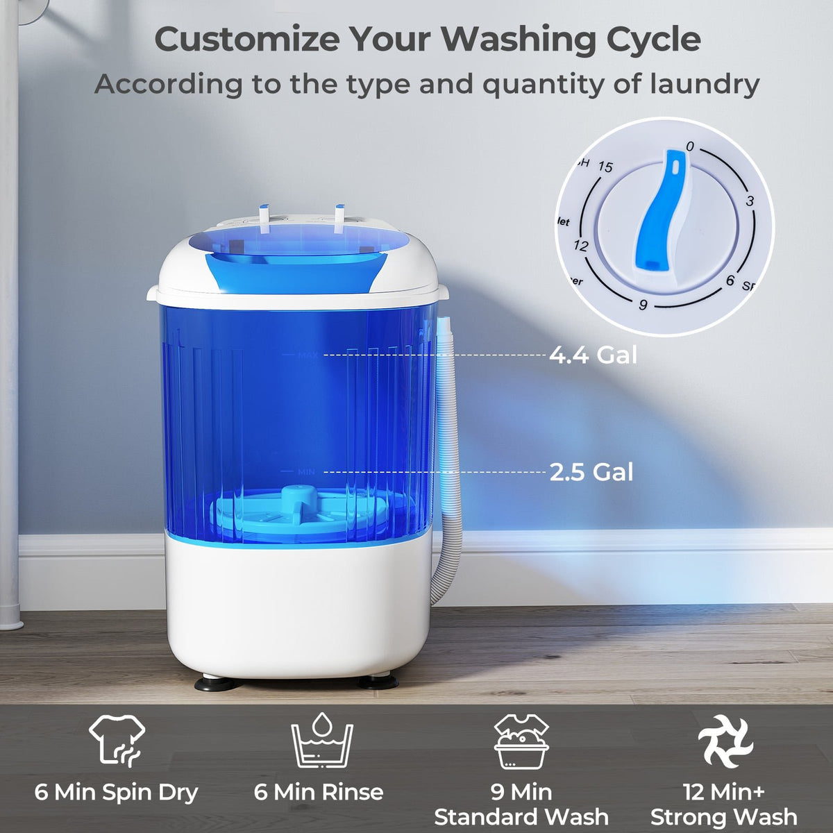 Portable Mini Semi-automatic Washing Machine with Spin Tub and Drain Hose 2.5 kg Capacity-Blue view 5