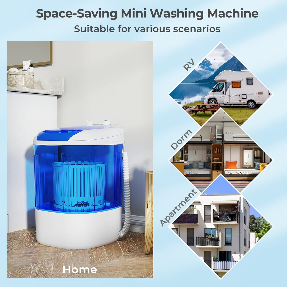 Portable Mini Semi-automatic Washing Machine with Spin Tub and Drain Hose 2.5 kg Capacity-Blue view 9
