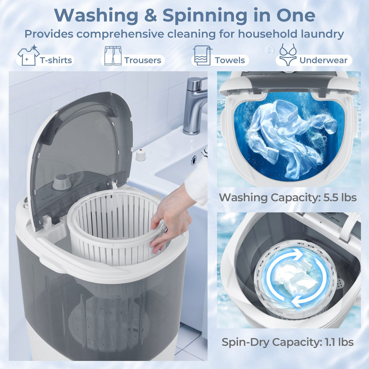 Portable Mini Washing Machine Semi-Automatic Washer and Spinner Combo with Single Tub-Gray view 9
