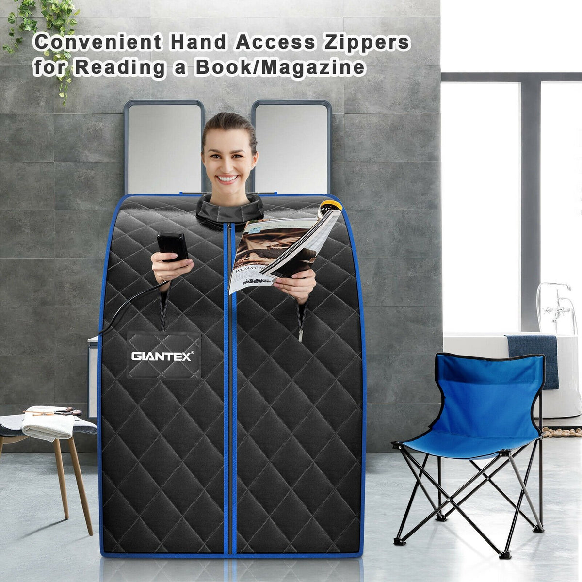 Portable Personal Far Infrared Sauna with Heating Foot Pad and Chair-Black view 2