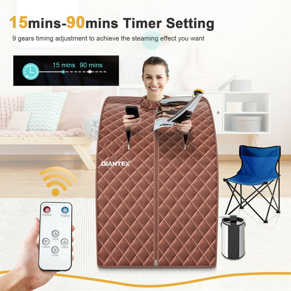 Portable Personal Steam Sauna Spa with 3L Blast-proof Steamer Chair-Coffee view 3