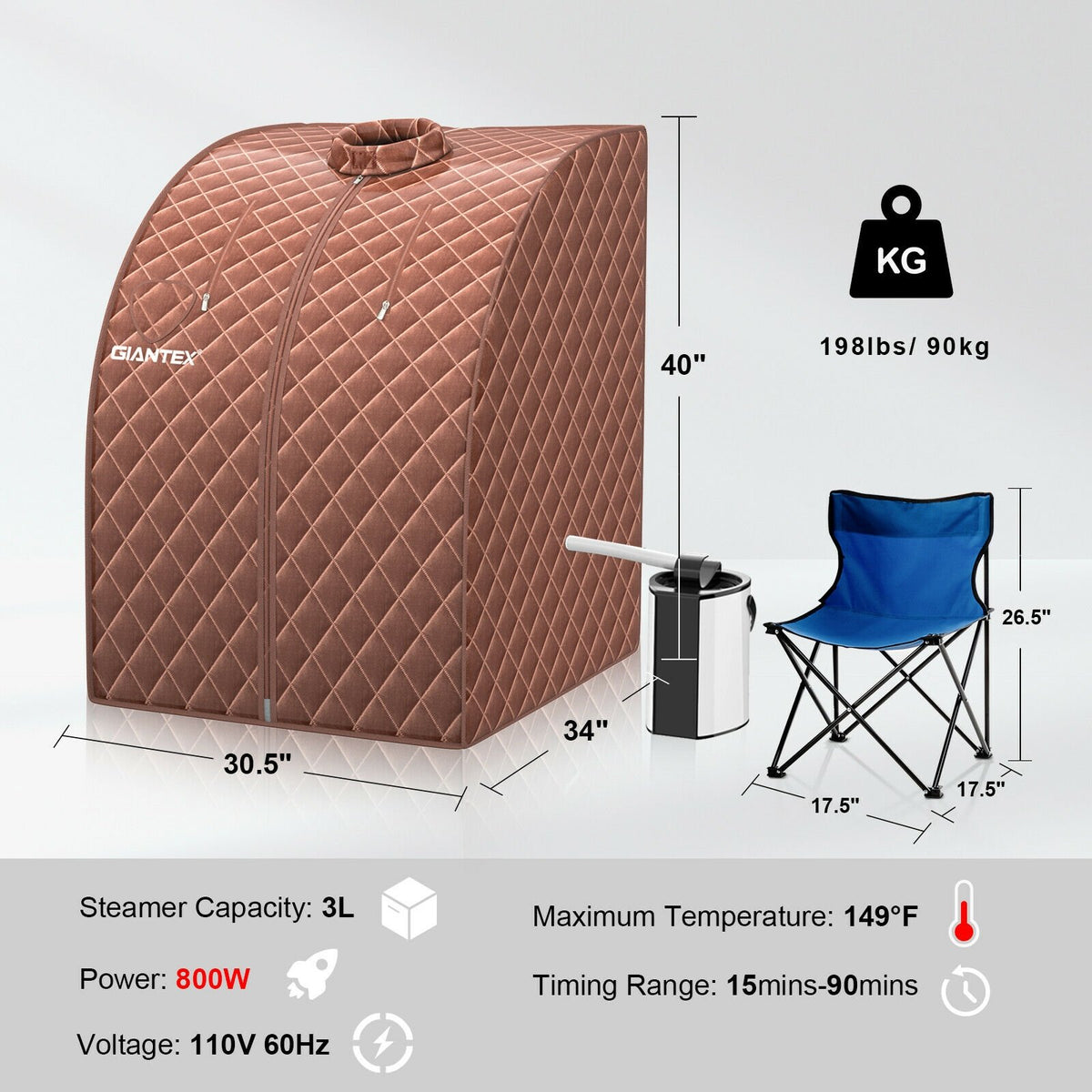 Portable Personal Steam Sauna Spa with 3L Blast-proof Steamer Chair-Coffee view 4