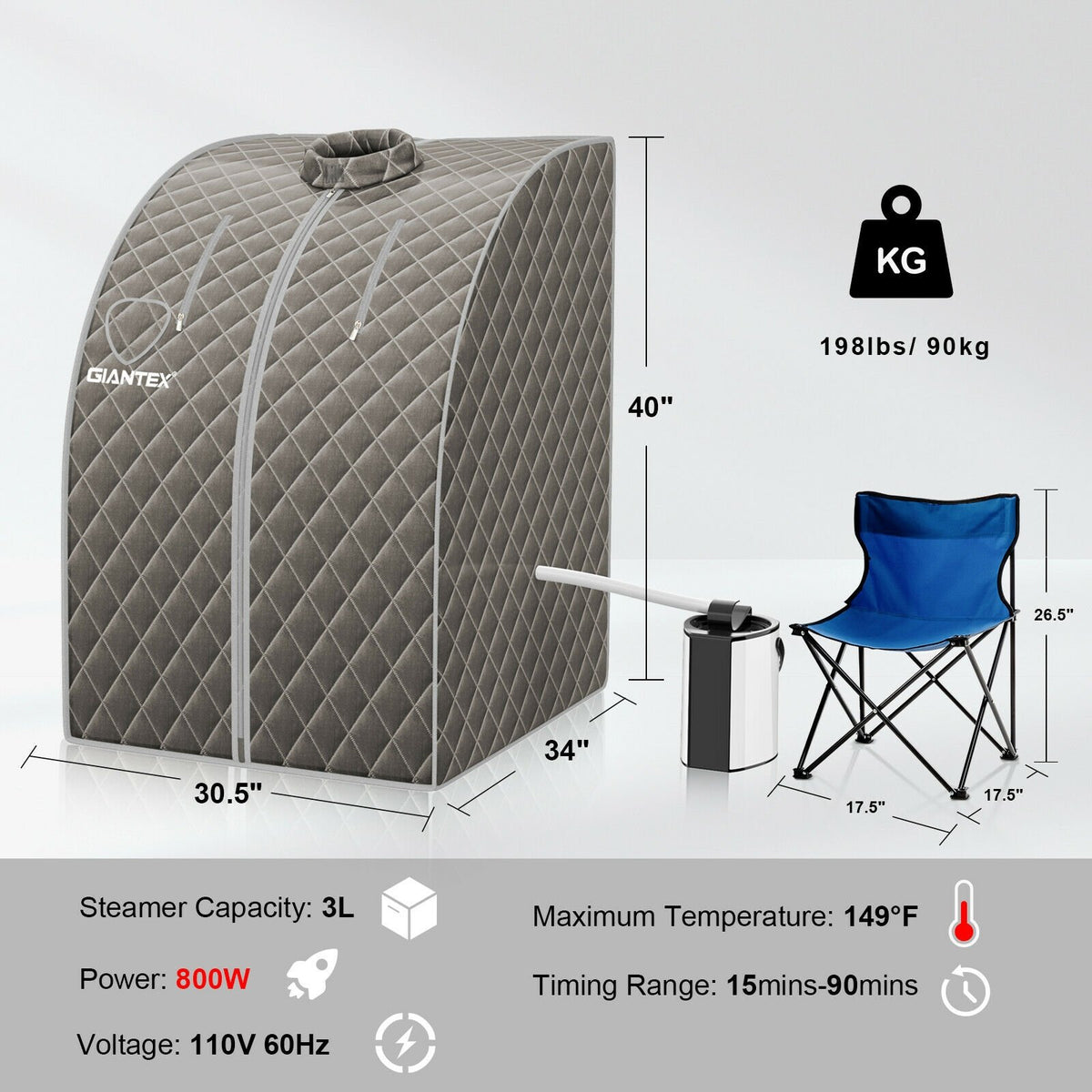 Portable Personal Steam Sauna Spa with 3L Blast-proof Steamer Chair-Gray view 4