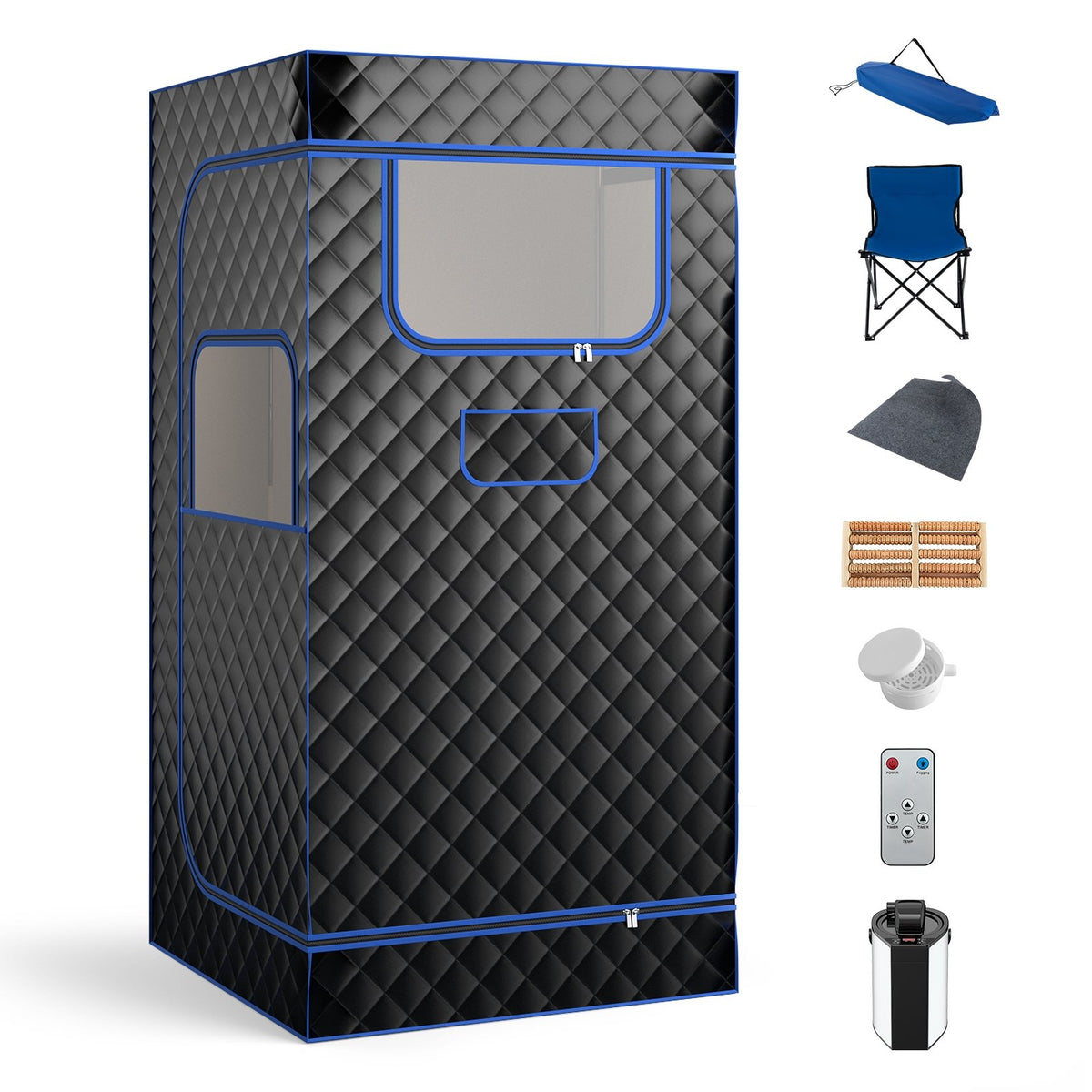 Portable Steam Sauna with 3L Steam Generator Remote Control Wood Foot Massager and Foldable Chair for Home-Black view 3