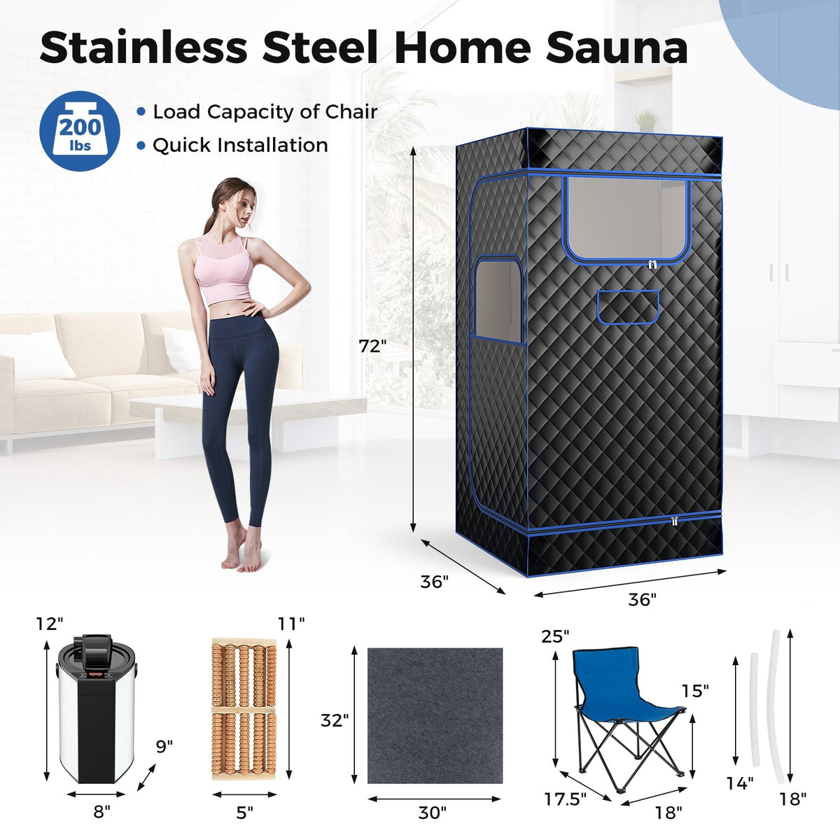 Portable Steam Sauna with 3L Steam Generator Remote Control Wood Foot Massager and Foldable Chair for Home-Black view 4