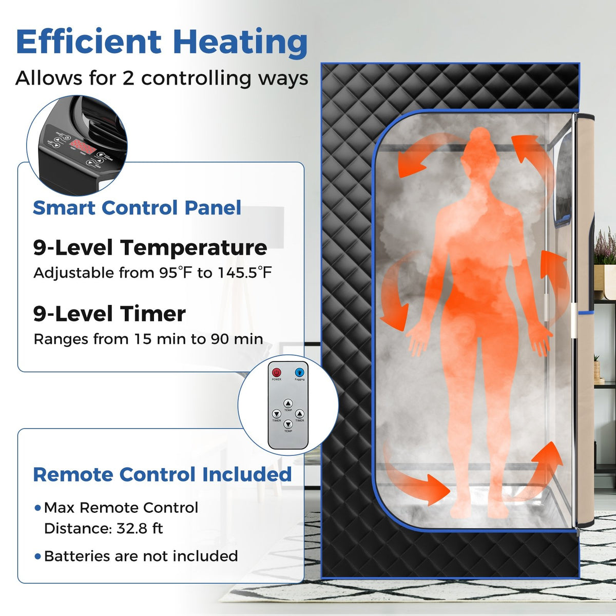 Portable Steam Sauna with 3L Steam Generator Remote Control Wood Foot Massager and Foldable Chair for Home-Black view 6