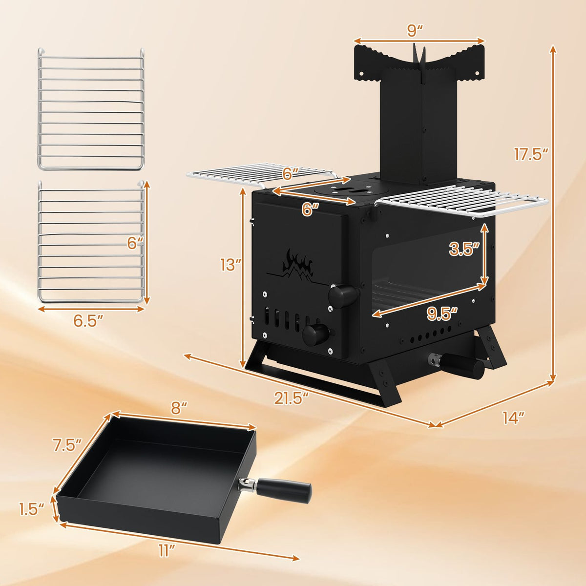 Portable Wood Burning Stove Mini Heater Burner with Pot Rack Oven Pan-Black view 5