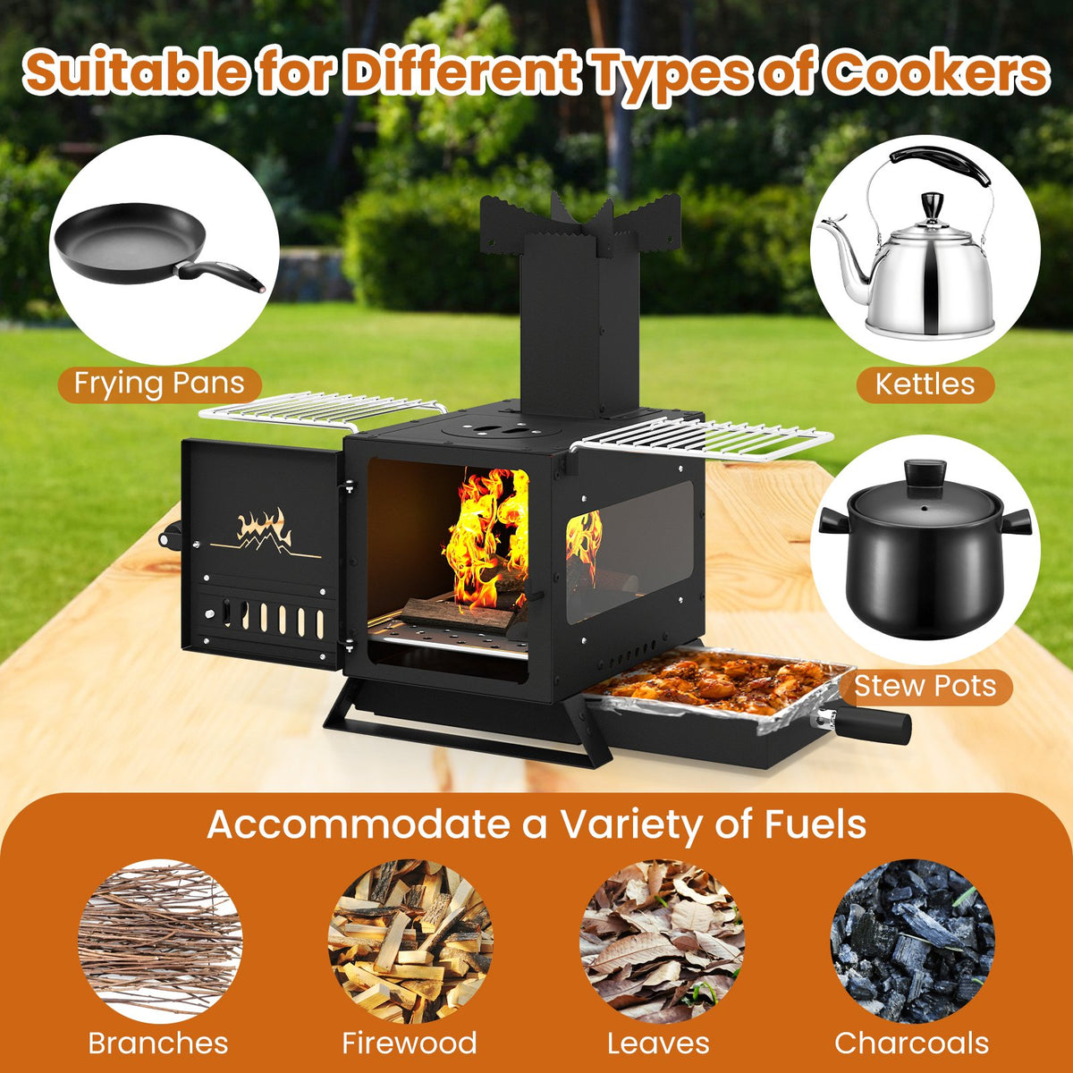 Portable Wood Burning Stove Mini Heater Burner with Pot Rack Oven Pan-Black view 7