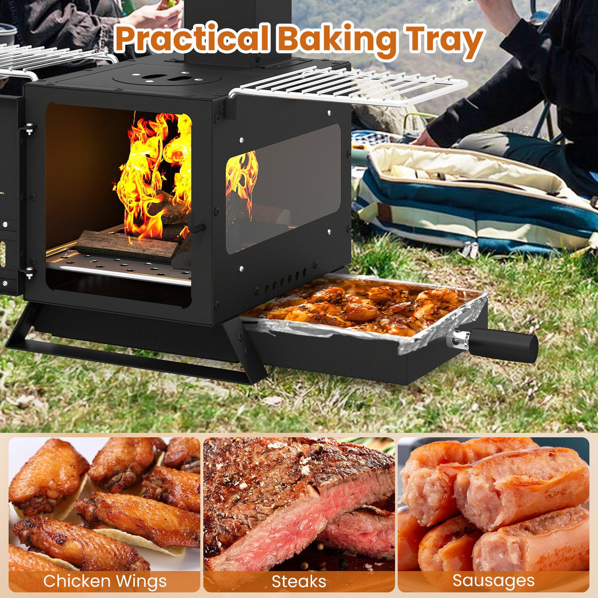 Portable Wood Burning Stove Mini Heater Burner with Pot Rack Oven Pan-Black view 9