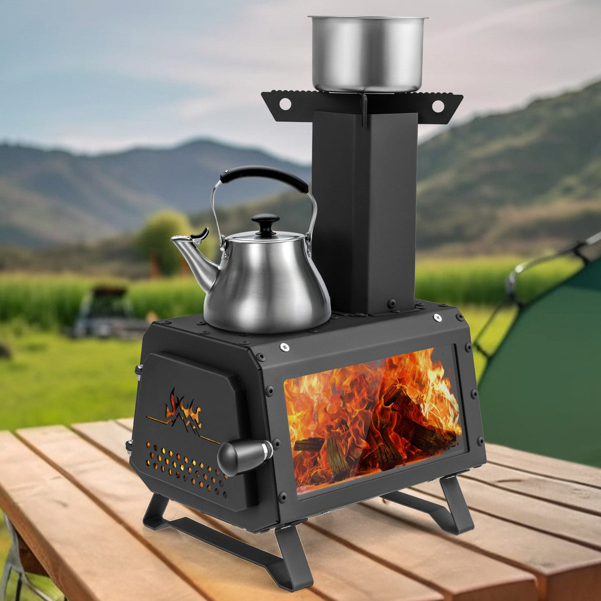 Patented Portable Wood Camping Burning Stove Heater with 2 Cooking Positions view 2