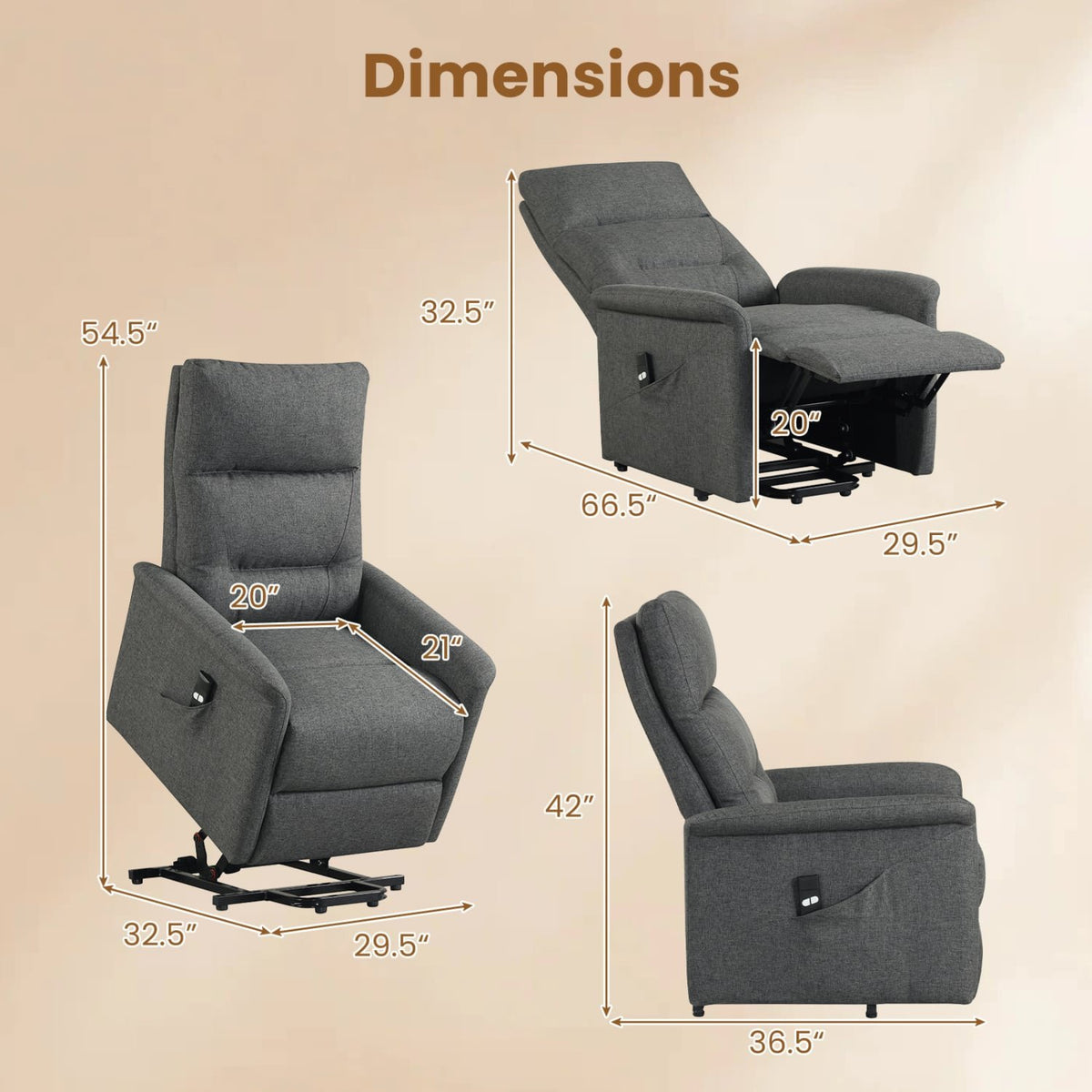 Power Lift Recliner Chair for Elderly with Remote Control and Side Storage Pocket-Gray view 4
