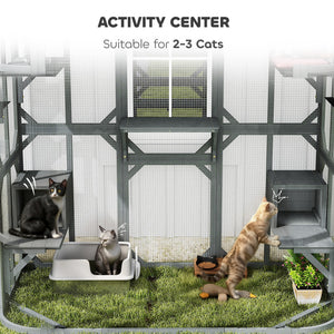 Catio Outdoor Cat Enclosure, 71" Wooden Cat House with Platforms, Condos and Waterproof Cover for 2–3 Kittens, Grey