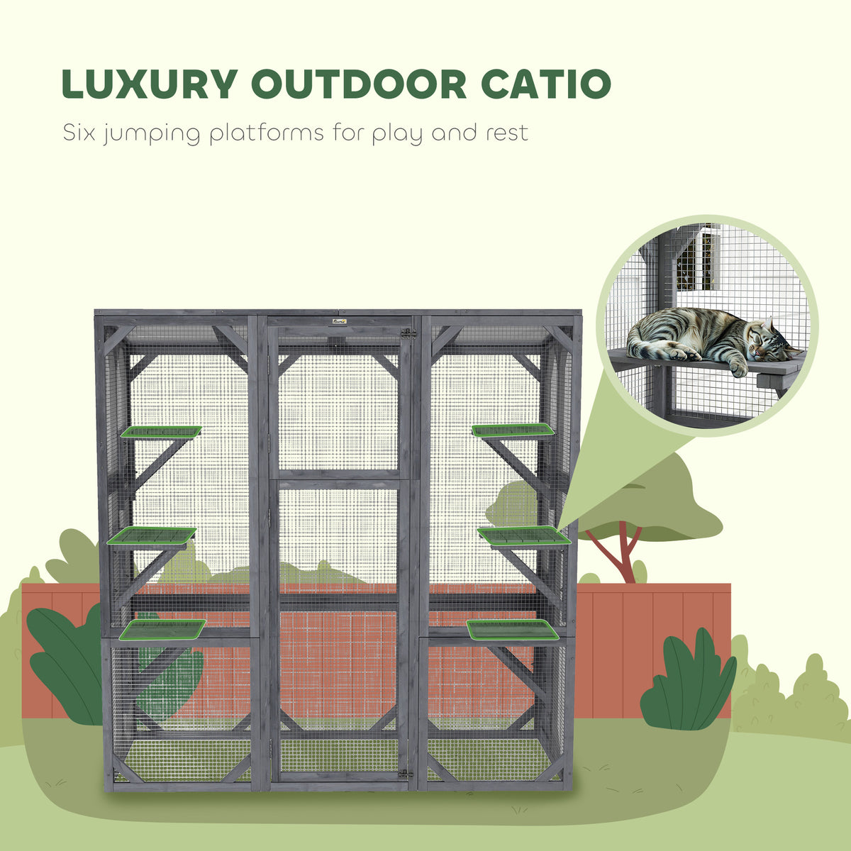 Outdoor Cat Enclosure with 6 Jumping Platforms, Weatherproof Roof, Large Front Door for 1-3 Cats, 59" x 28" x 60", Grey
