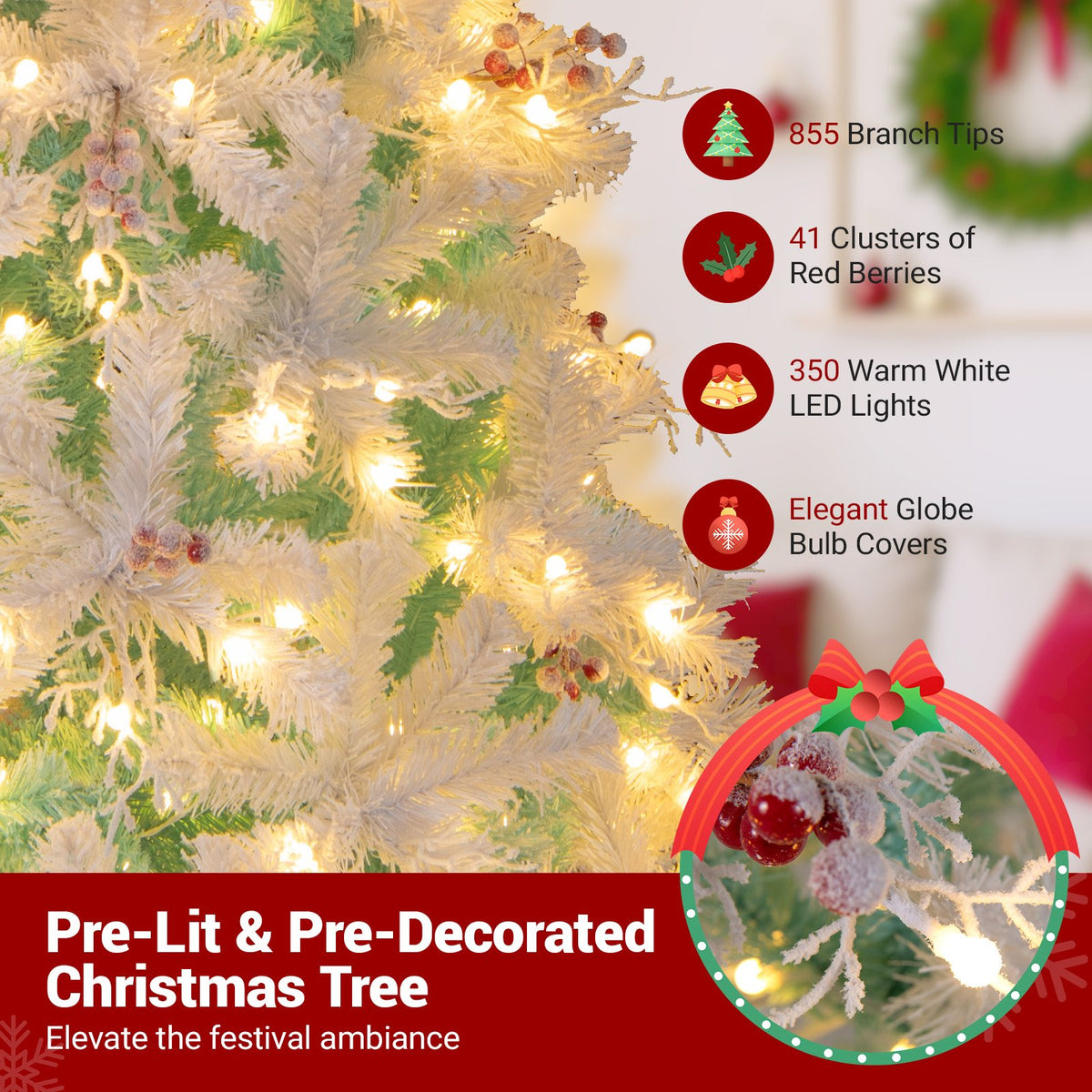 Pre-Lit Artificial Christmas Tree with Snow Flocked Branch Tips-M view 7
