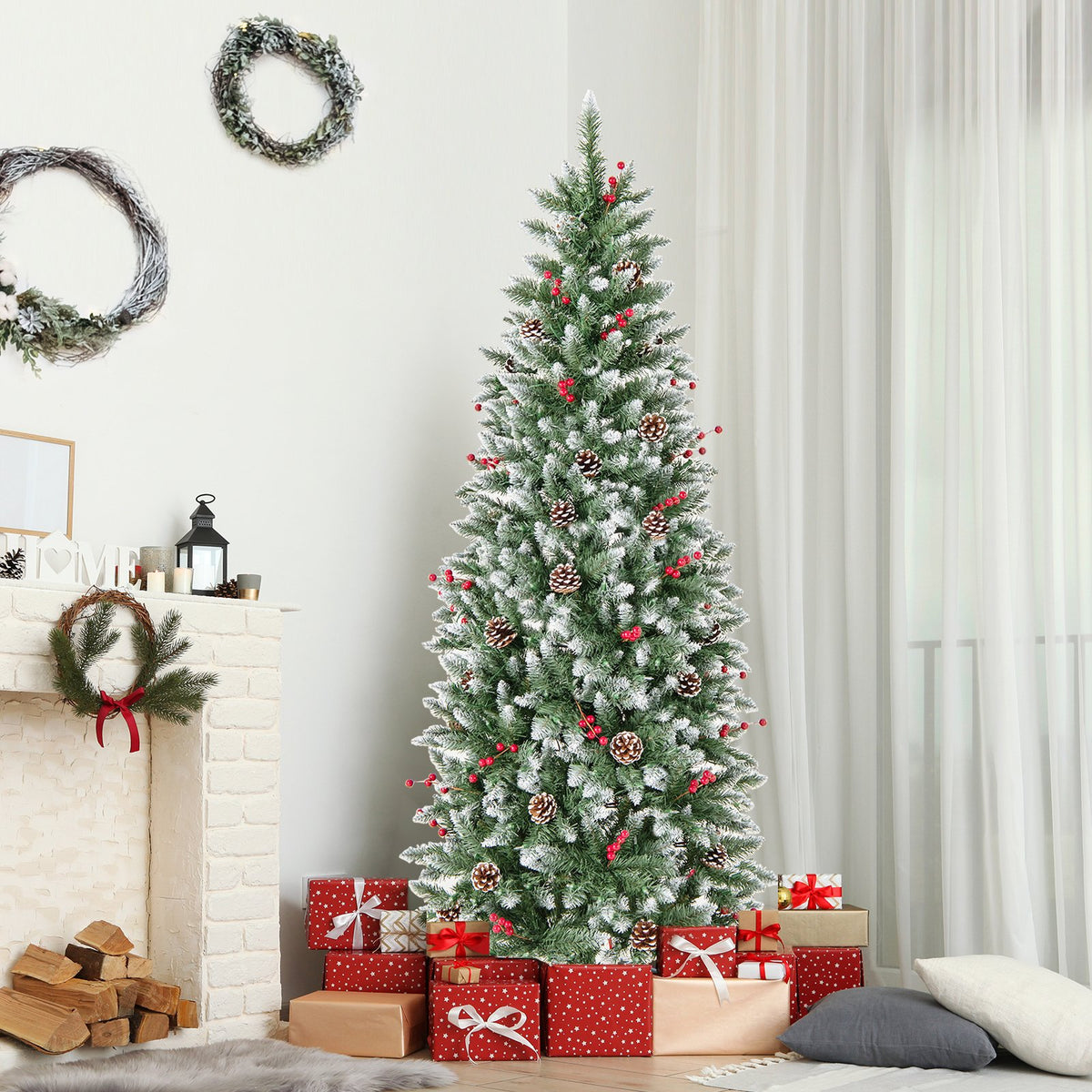 Pre-lit Artificial Pencil Christmas Tree with Pine Cones and Red Berries-6 ft view 2