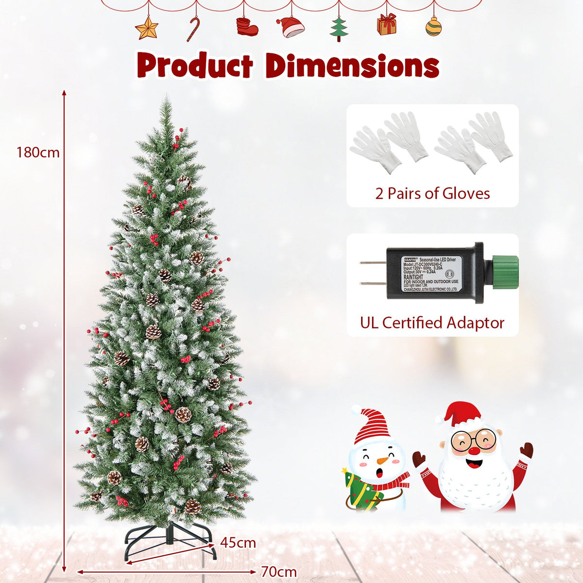 Pre-lit Artificial Pencil Christmas Tree with Pine Cones and Red Berries-6 ft view 5