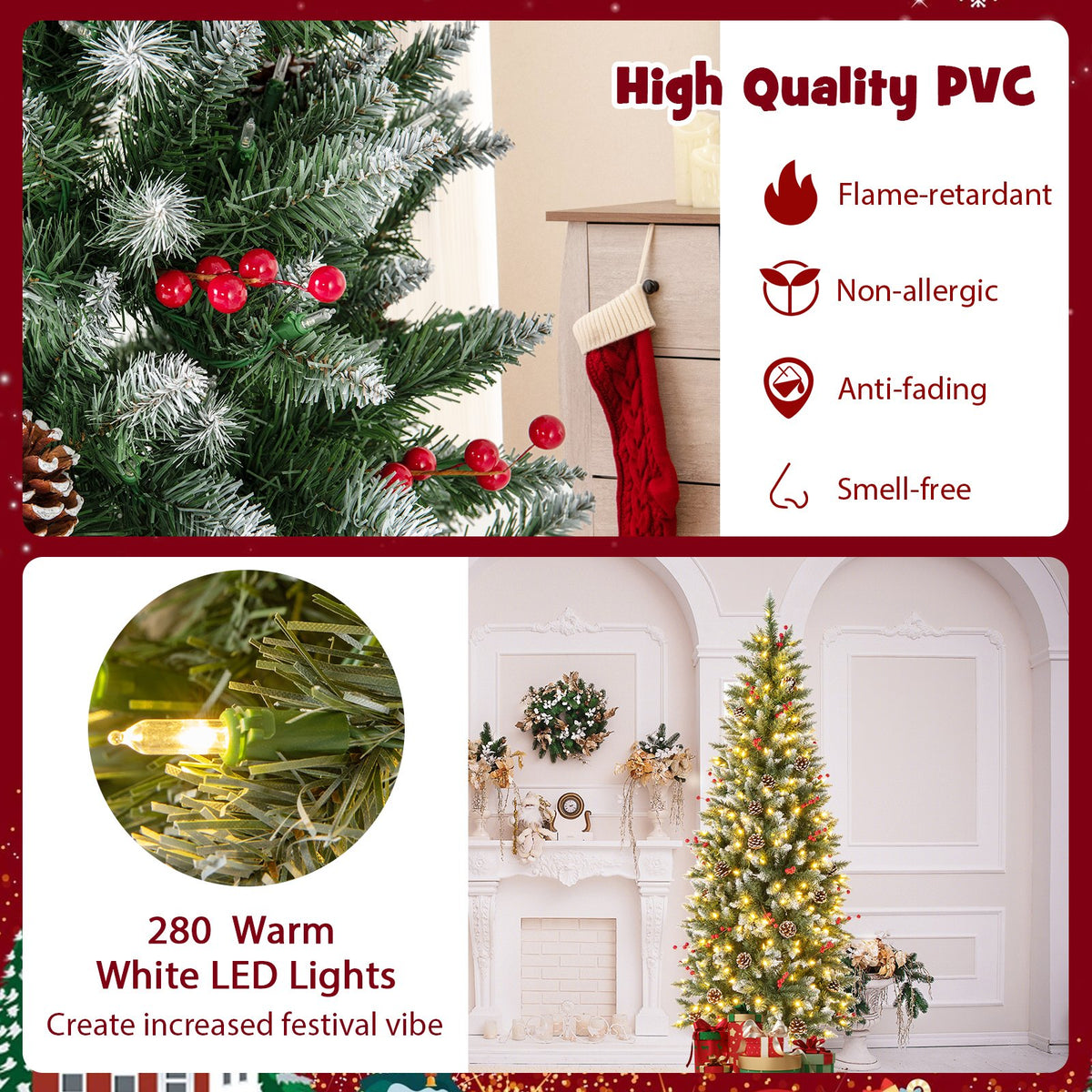 Pre-lit Artificial Pencil Christmas Tree with Pine Cones and Red Berries-6 ft view 6