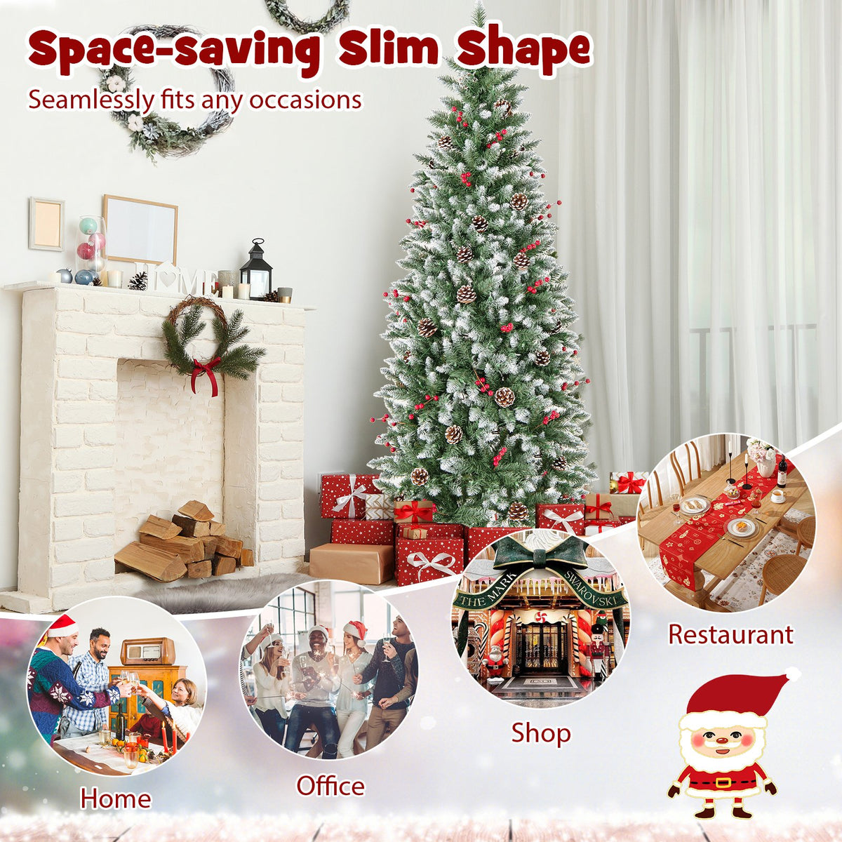 Pre-lit Artificial Pencil Christmas Tree with Pine Cones and Red Berries-6 ft view 7