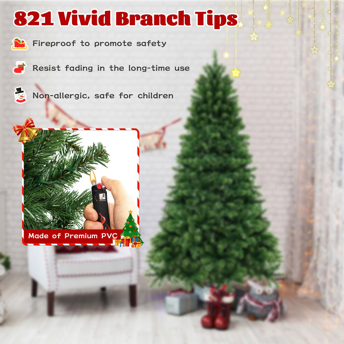 6/7/8 Feet Hinged Christmas Tree with PVC Branch Tips Warm White LED Lights-7 ft view 7