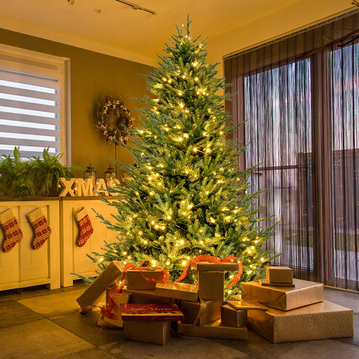 Pre-lit Christmas Tree with 280 Warm White LED Lights and 8 Lighting Modes-7 ft view 3