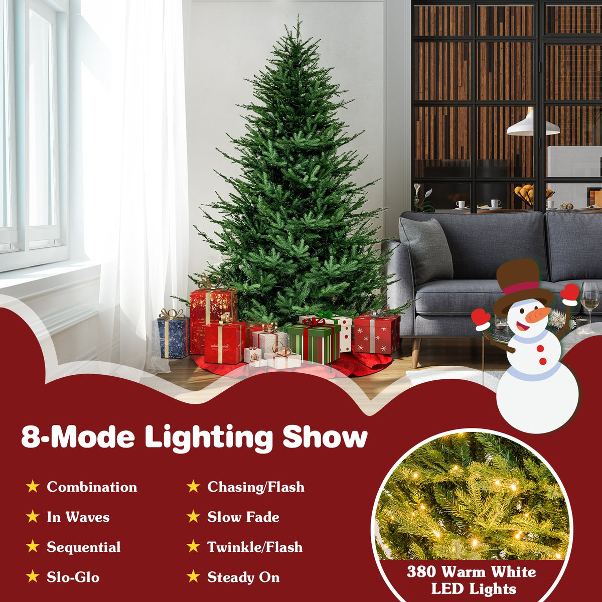 Pre-lit Christmas Tree with 280 Warm White LED Lights and 8 Lighting Modes-7 ft view 8
