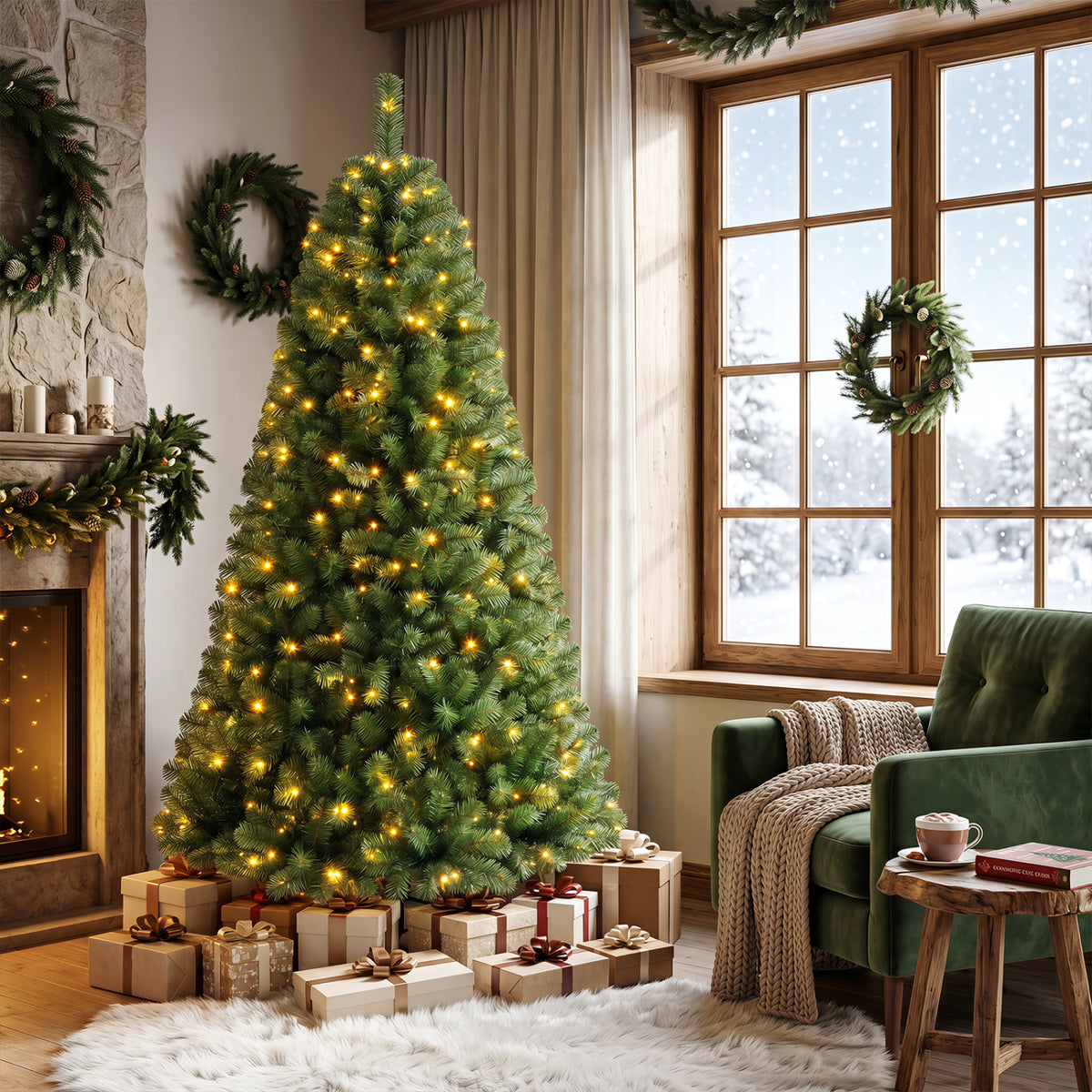 Pre-Lit Green Artificial Christmas Tree with Full Branch Tips-6 Feet view 2