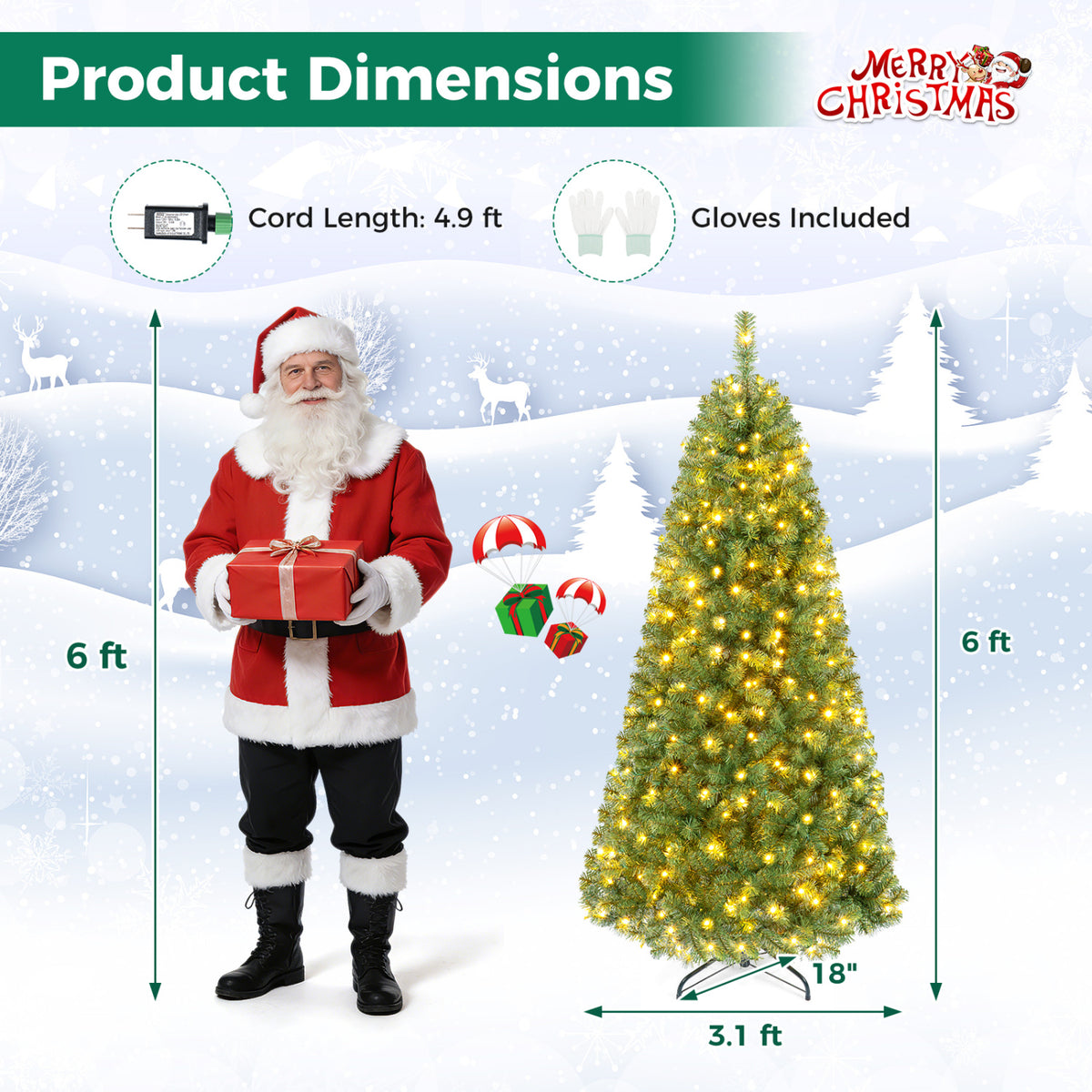 Pre-Lit Green Artificial Christmas Tree with Full Branch Tips-6 Feet view 5