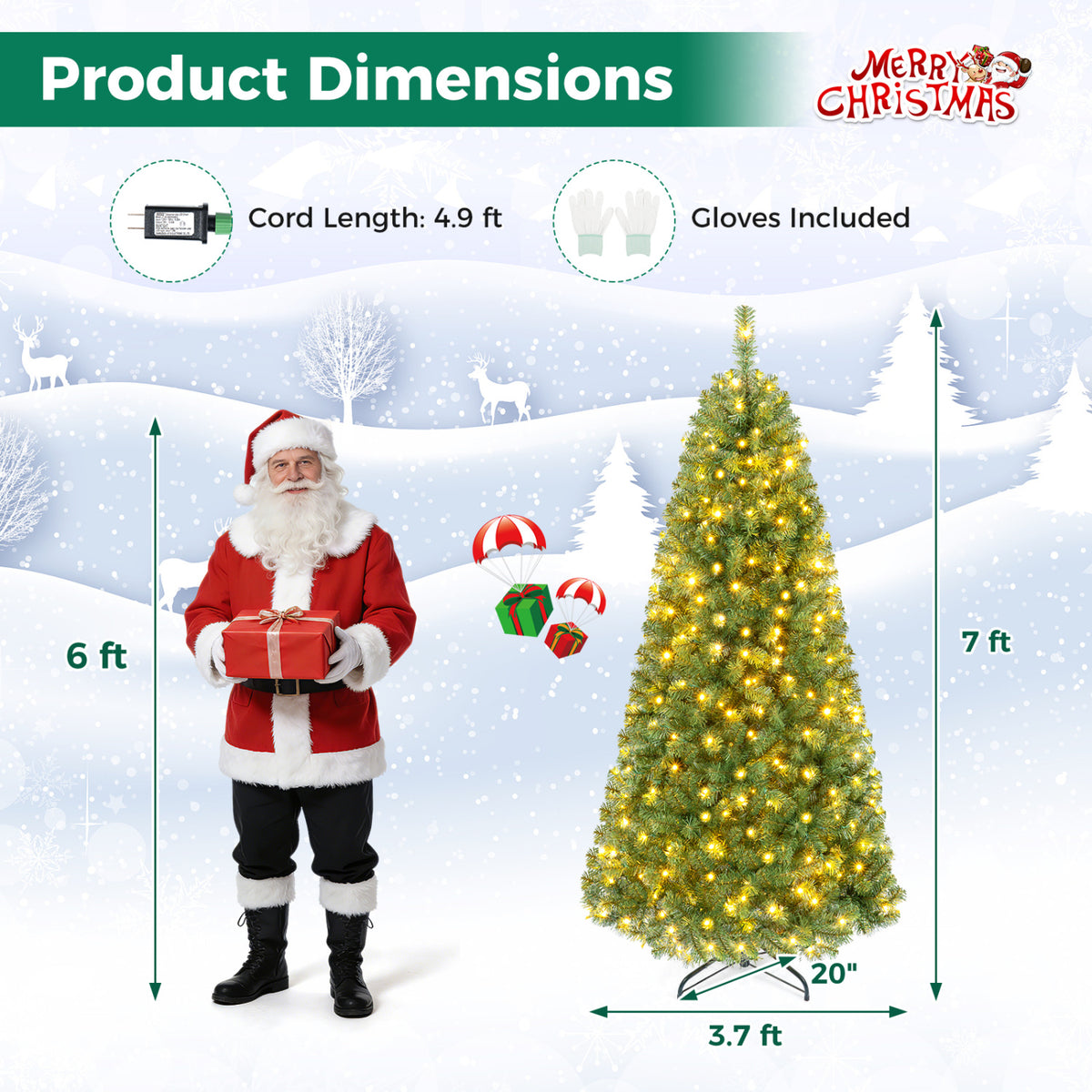 Pre-Lit Green Artificial Christmas Tree with Full Branch Tips-7 Feet view 5