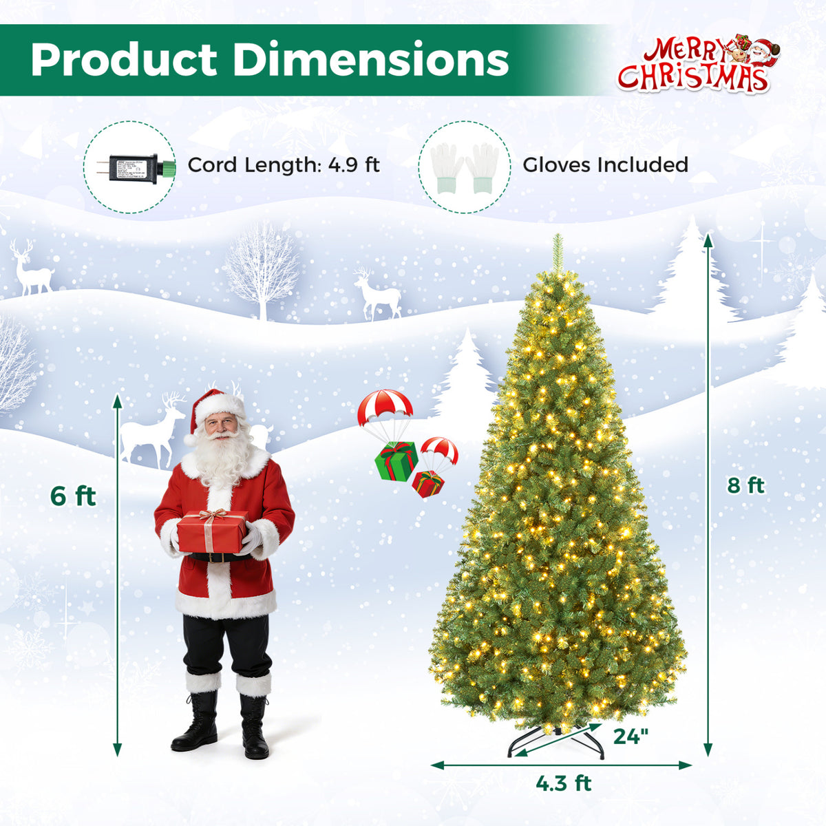 Pre-Lit Green Artificial Christmas Tree with Full Branch Tips-8 Feet view 5