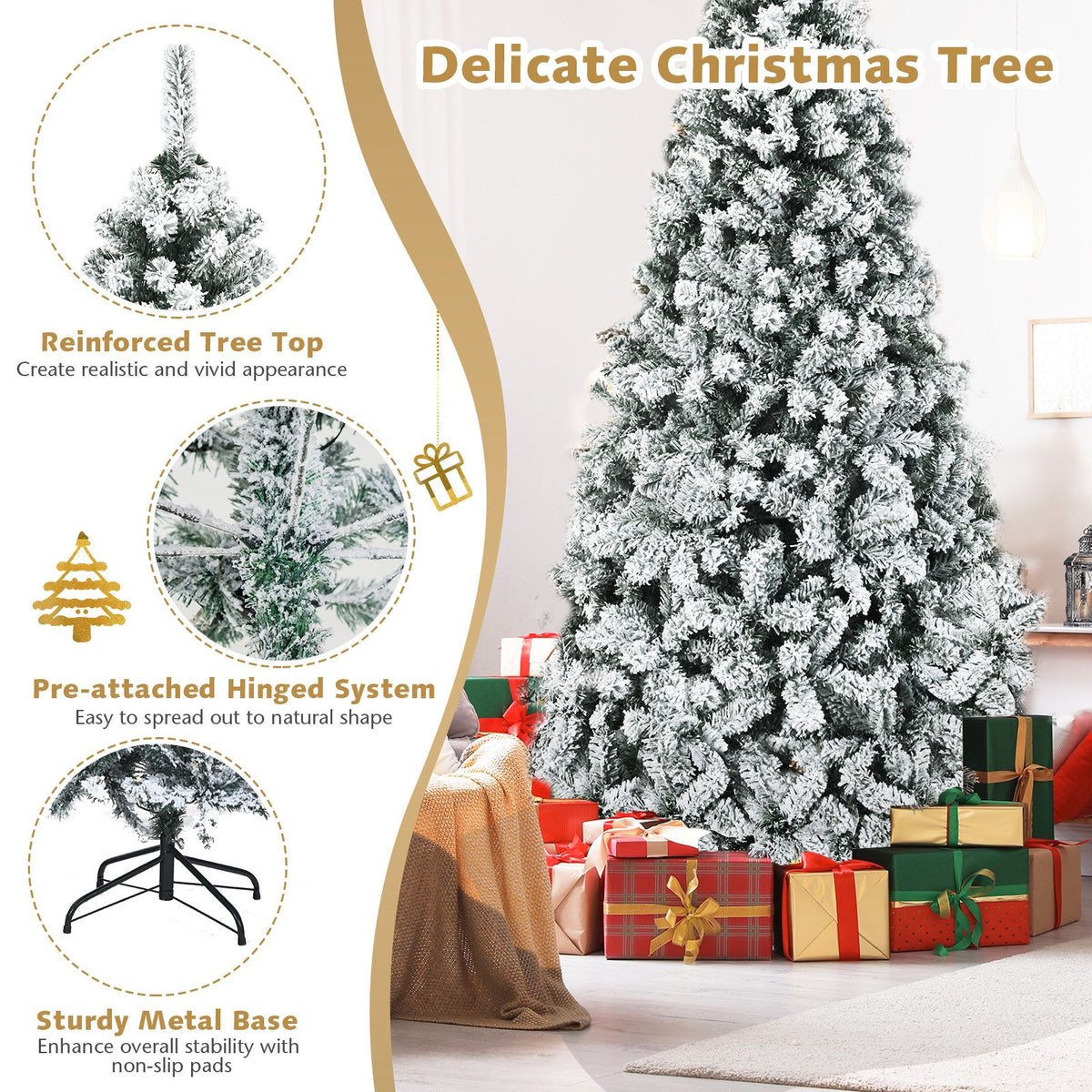 Pre-Lit Premium Snow Flocked Hinged Artificial Christmas Tree-7.5 ft view 3