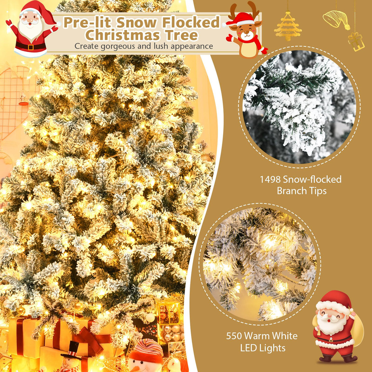 Pre-Lit Premium Snow Flocked Hinged Artificial Christmas Tree-9 ft view 7