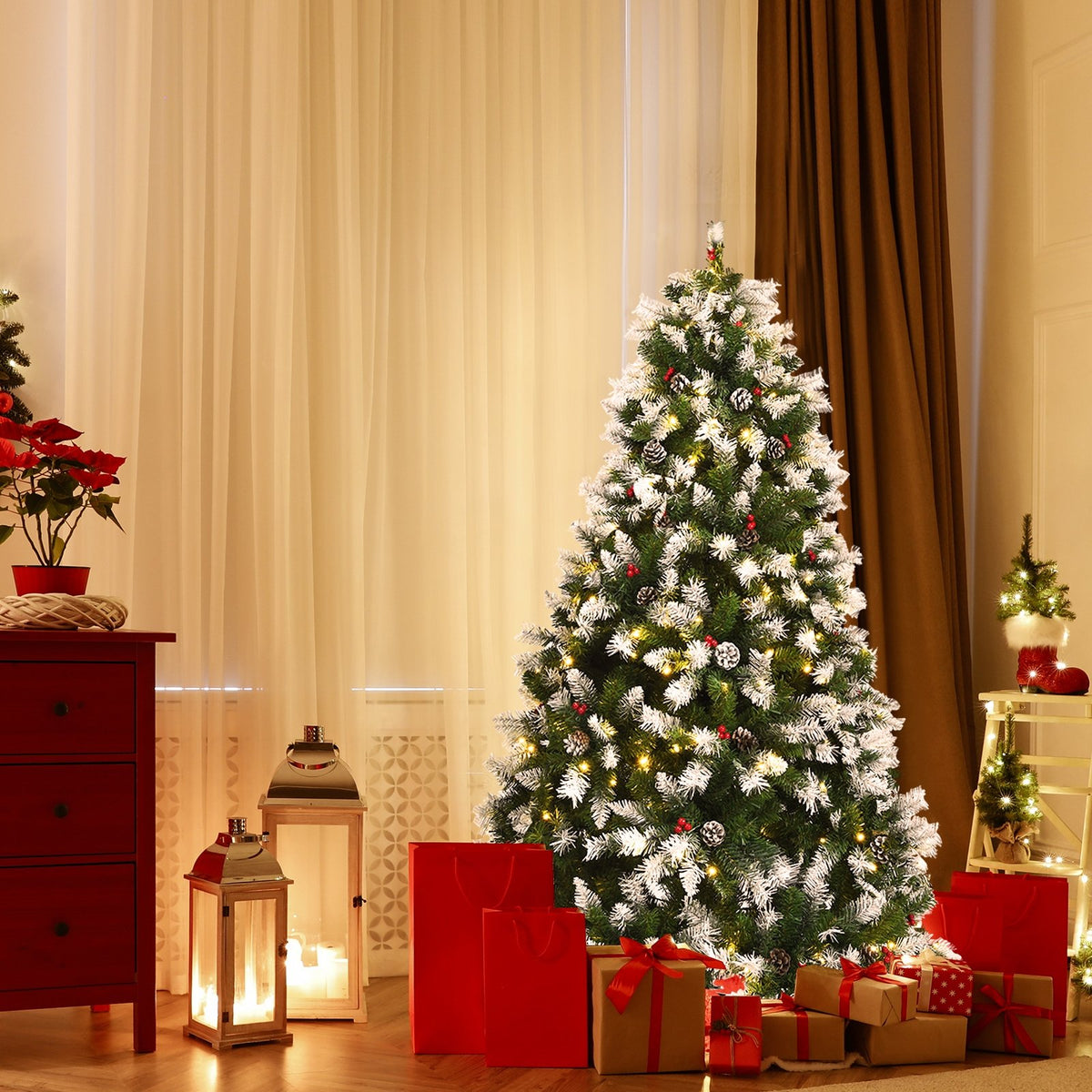 Pre-lit Snow Flocked Christmas Tree with Red Berries and LED Lights-6 Feet view 3