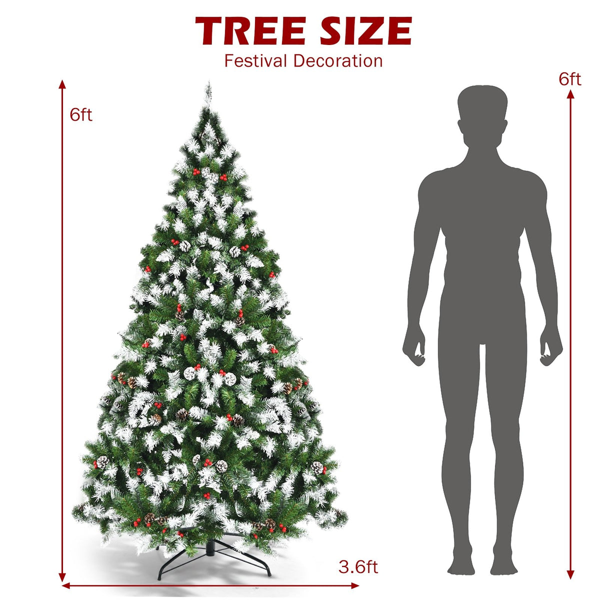 Pre-lit Snow Flocked Christmas Tree with Red Berries and LED Lights-6 Feet view 5