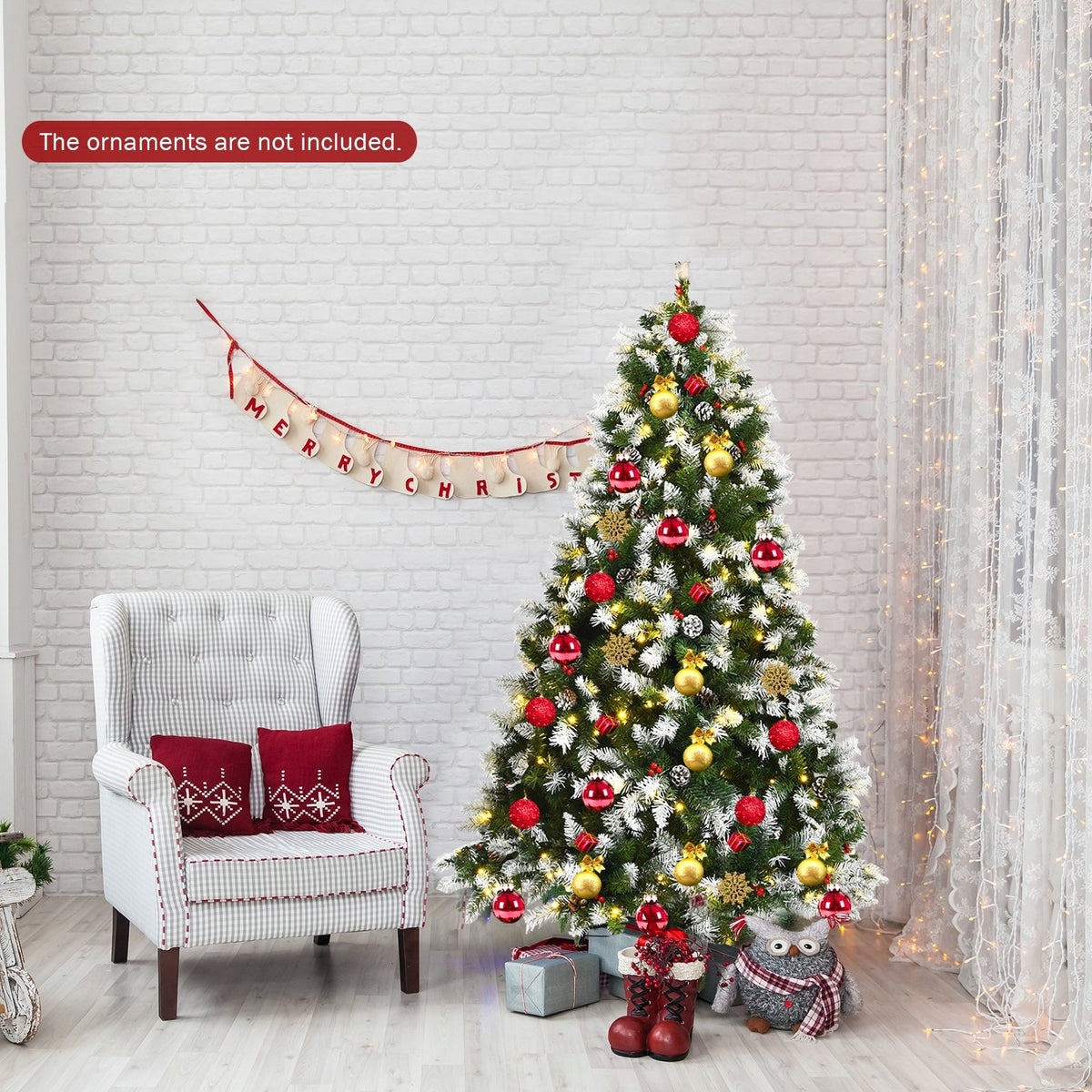 Pre-lit Snow Flocked Christmas Tree with Red Berries and LED Lights-6 Feet view 6