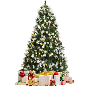 Pre-lit Snow Flocked Christmas Tree with Red Berries and LED Lights-6 Feet view 7