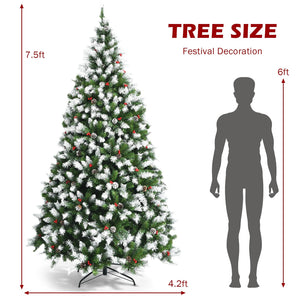 Pre-lit Snow Flocked Christmas Tree with Red Berries and LED Lights-7.5 Feet view 5
