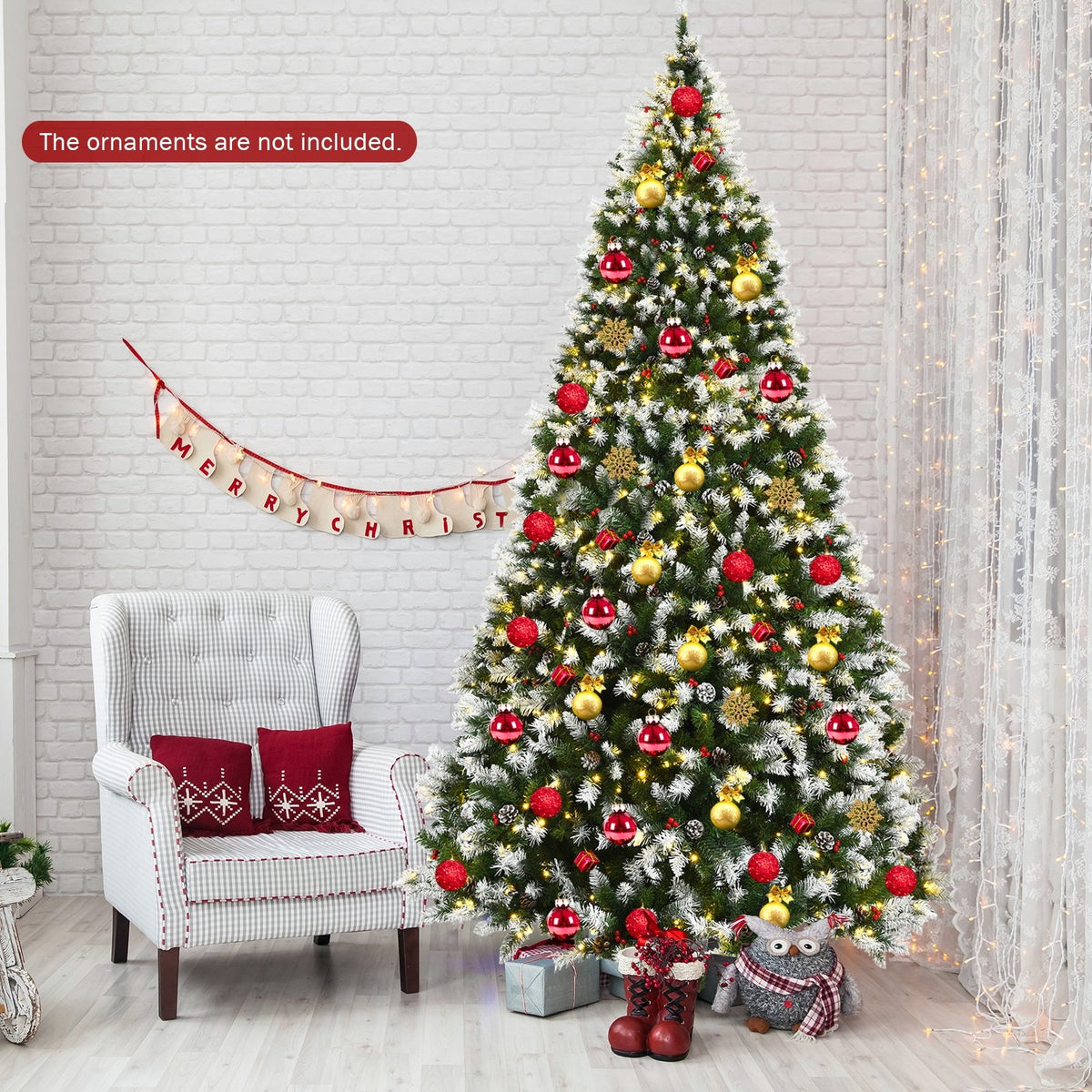 Pre-lit Snow Flocked Christmas Tree with Red Berries and LED Lights-9 Feet view 6