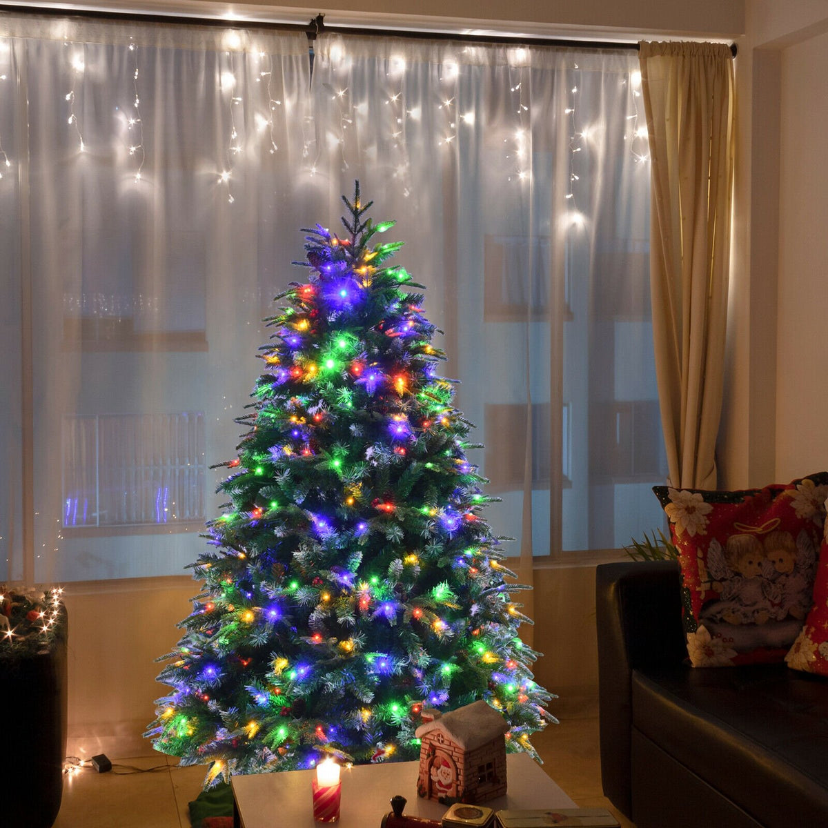 Pre-Lit Snowy Christmas Hinged Tree with Flash Modes and Multi-Color Lights-5 ft view 3